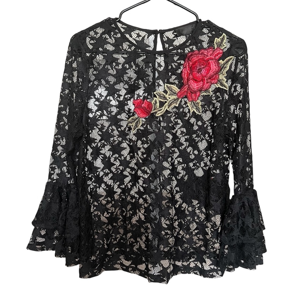 Alexia Admor Witchy Lace Sheer Top SZ M BLK Stars Floral Whimsygoth Party Fairy